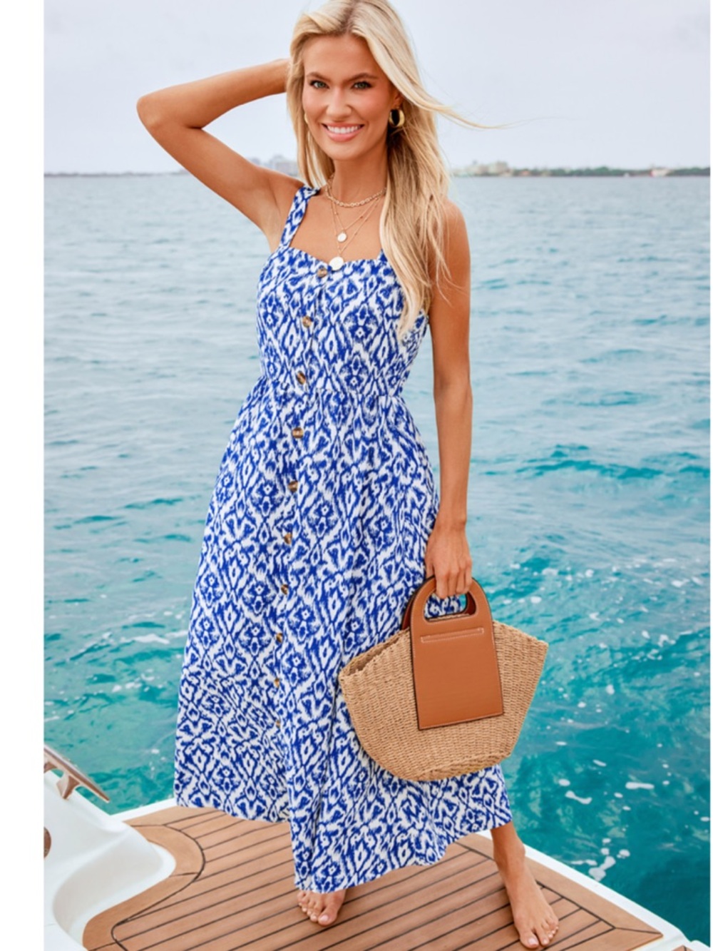 Blue Ikat Button-Front Maxi Sundress Large Cupshe
